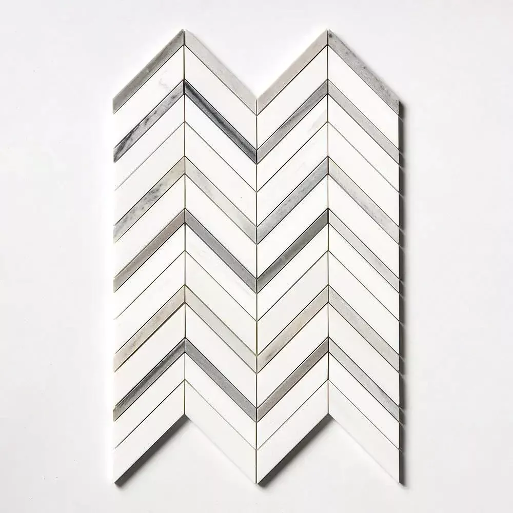 Snow White, Skyline Polished Chevron Fusion Waterjet Marble Mosaics 16x11 7/8