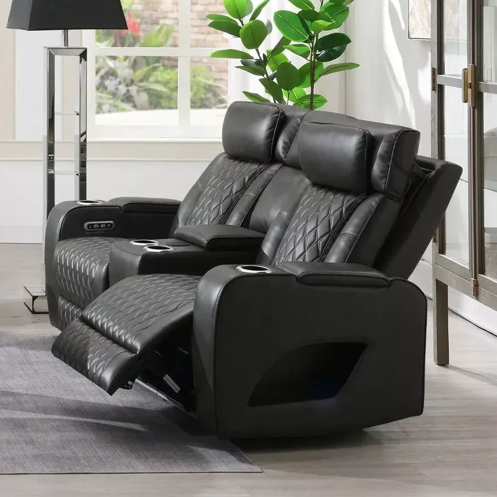 Taddeo - Power Motion Loveseat With Console, Speaker, USB, Wireless Charger & LED - Dark Gray