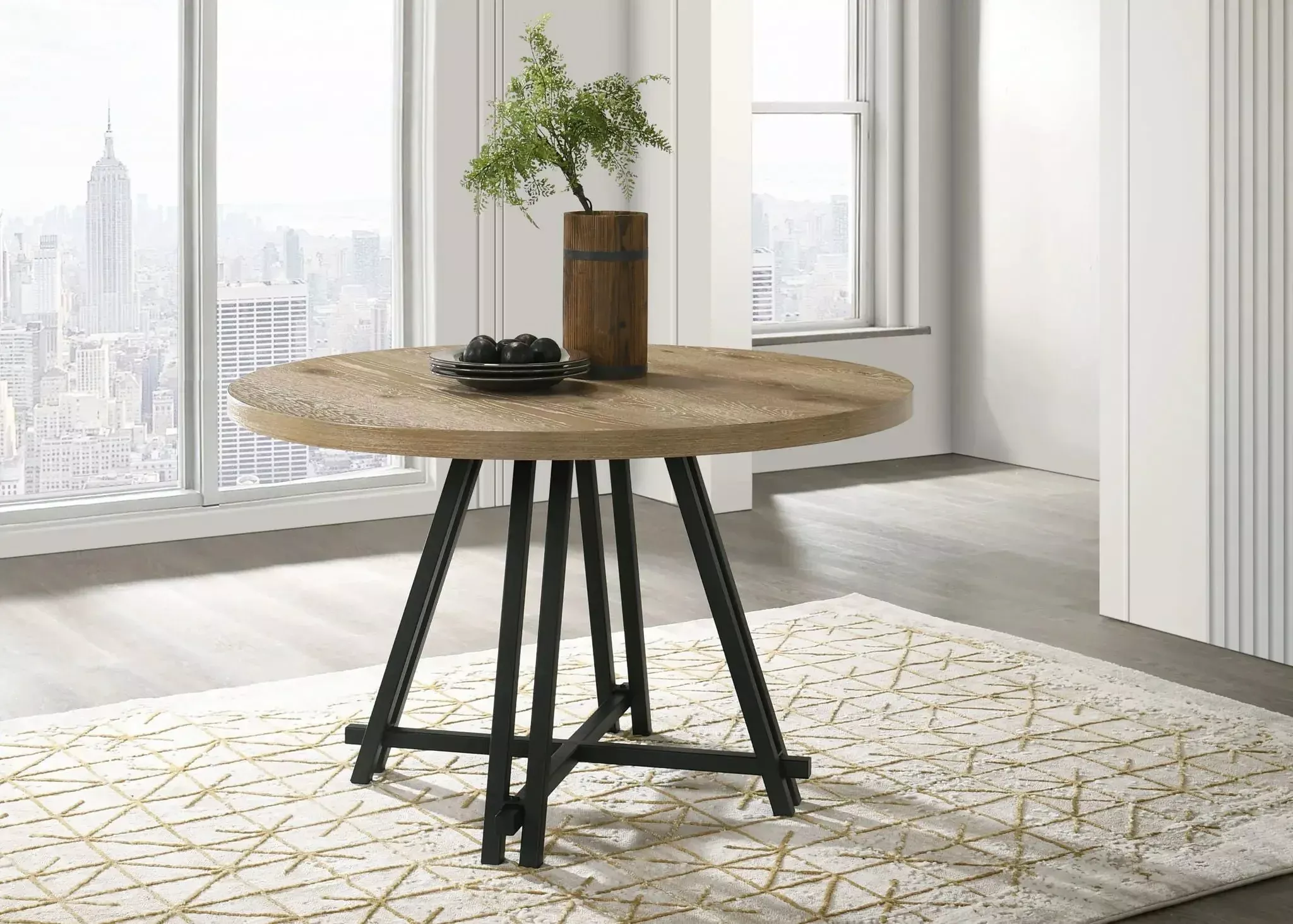 Tate - Round Dining Table With Metal Base - Oak Finish