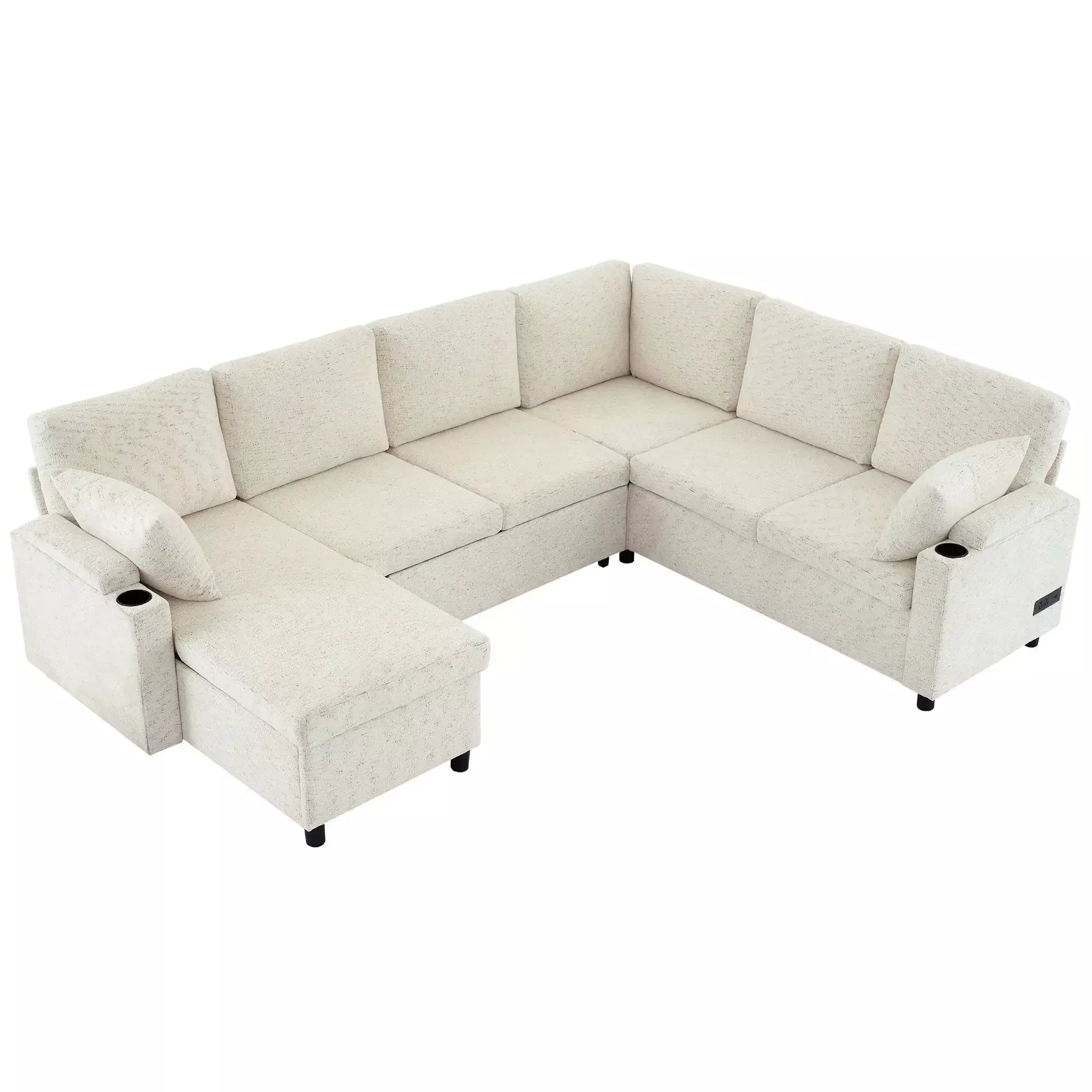 U-Shaped Sectional Sleeper Sofa With Ample Storage Space, 2 Cup Holders And Charging Ports For Living Room