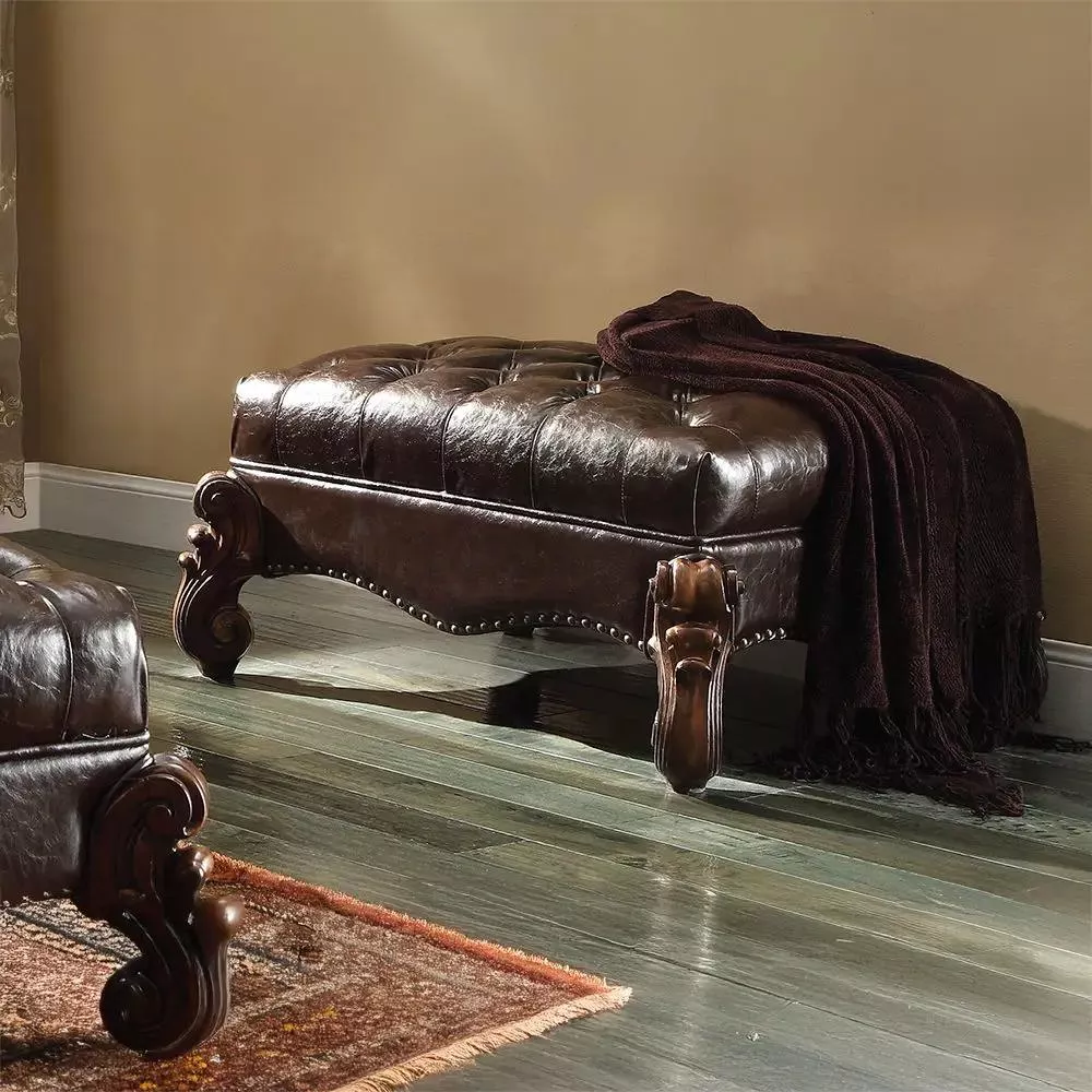 Versailles - Ottoman - Two Tone Dark Brown Synthetic Leather & Cherry Oak