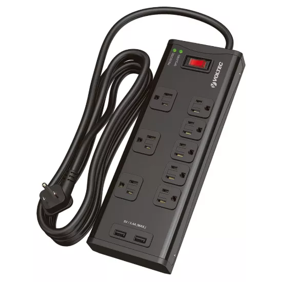 Voltec 8-Outlet Power Strip with 2 USB Ports 6ft Black