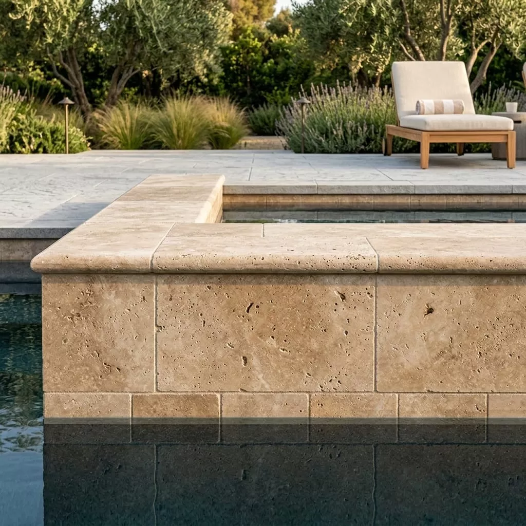 Walnut Travertine Coping 6x12 Tumbled Bullnose1.25 inch