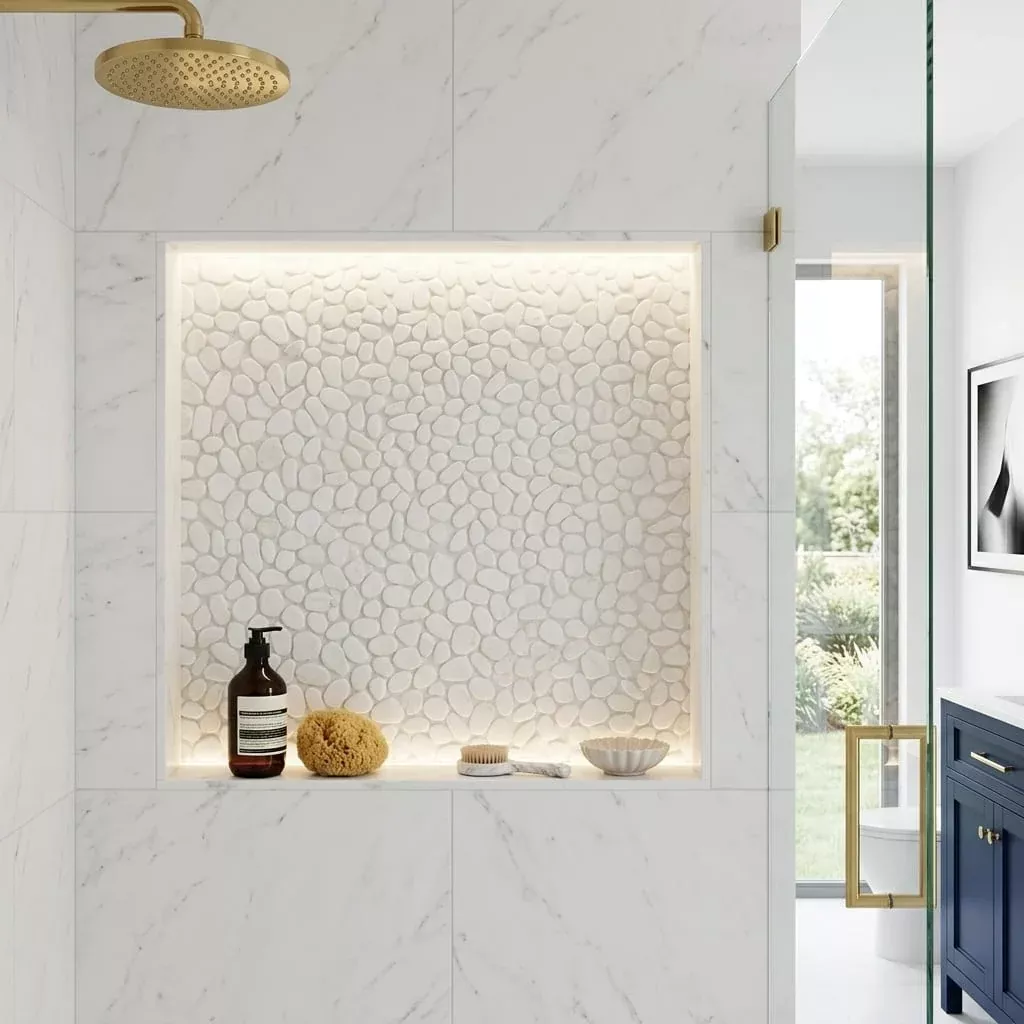 Waterbrook Thassos White 12x12 Medium Sliced Pebble Marble Mosaic