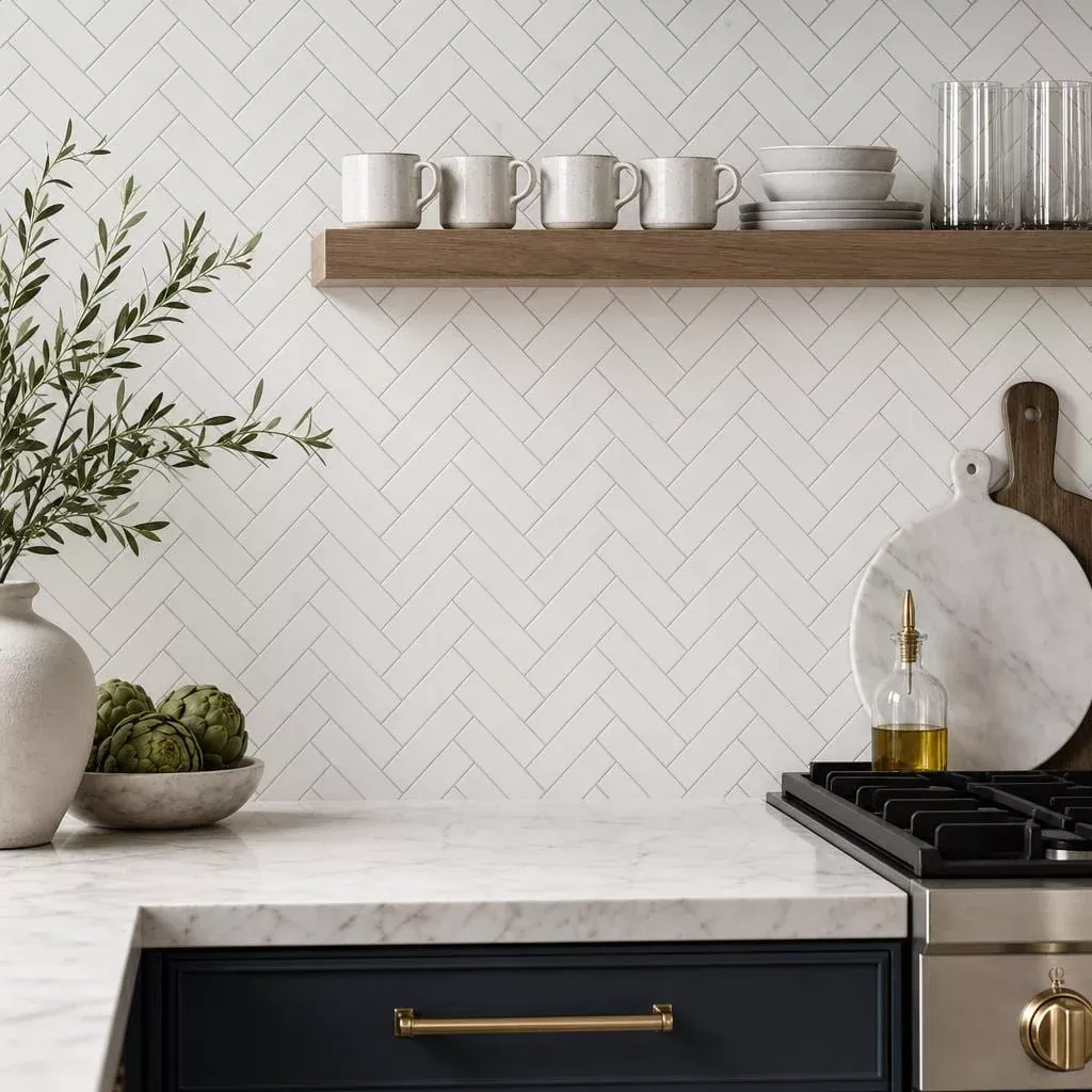 White Dolomite Herringbone 1x4 Honed Marble Mosaic