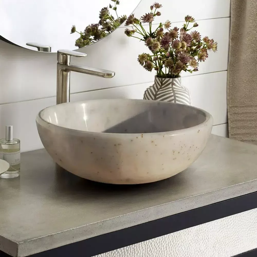 White Marble Vessel Sink Afyon Stone Round Bathroom Basin 16 Inches