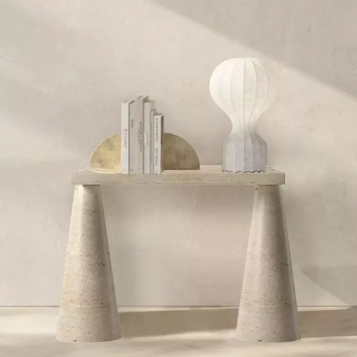 White Travertine Console Table - Polished Finish Cone Legs 15x40